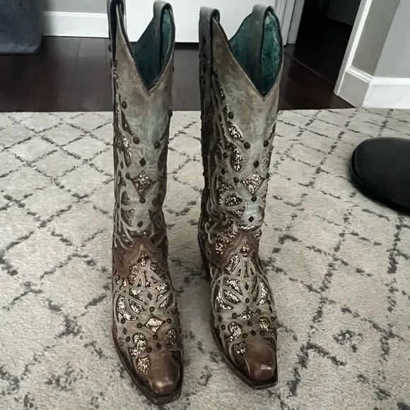 Corral Glitter Embellished Heeled Boots - Brown and Gold - Picture 2 of 7